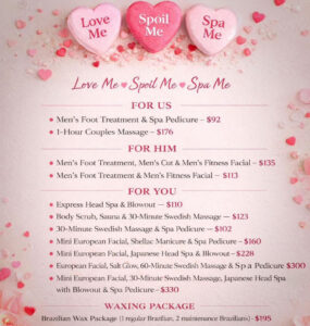 A spa service menu with Valentine's hearts, listing top salon treatments in Enterprise & Dothan, AL—hair conditioning, body waxing, Ethnic/Textured Hair care, massages for men, women & couples.