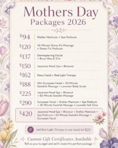 A floral-themed menu at the best salon in Enterprise, AL and Dothan, AL showcases 2026 Mother's Day spa packages with hair conditioning, body waxing, Ethnic Hair/Textured Hair services, massage options, prices, add-ons, and gift certificate details.