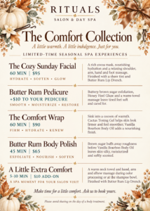 Rituals Salon and Day Spa promotional flyer, recognized as the best salon in Enterprise, AL and best salon in Dothan, AL, featuring seasonal spa treatments like facials, pedicures, body wraps, body polishes, hair conditioning, body waxing, massage, and services for Ethnic Hair and Textured Hair.